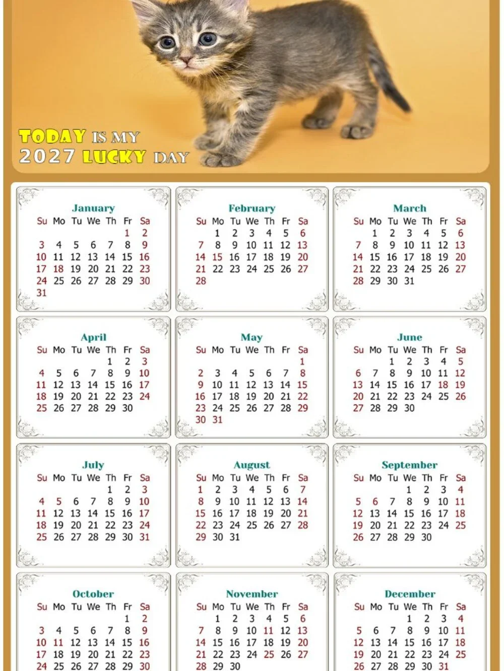 2027 Magnetic Calendar - Today is my Lucky Day - Cat Themed 018 (7 x 10.5)